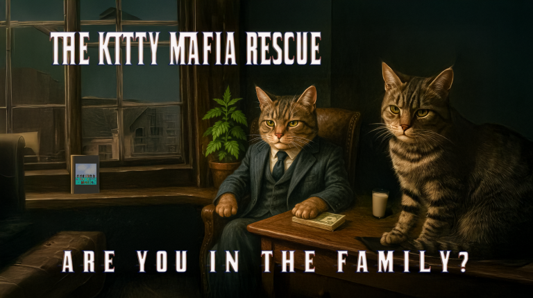 2 tabby cats in an office with one sitting in a chair wearing a suit.